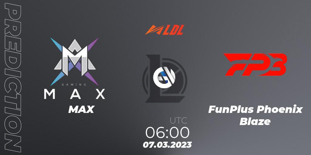 Prognose für das Spiel MAX VS FunPlus Phoenix Blaze. 07.03.2023 at 06:00. LoL - LDL 2023 - Regular Season