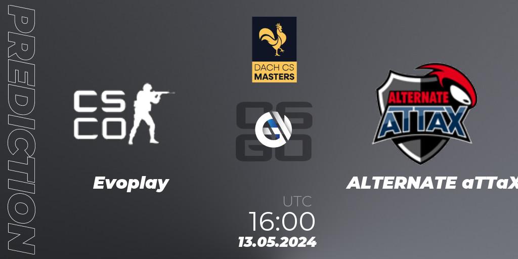 Prognose für das Spiel Evoplay VS ALTERNATE aTTaX. 13.05.2024 at 16:00. Counter-Strike (CS2) - DACH CS Masters Season 1