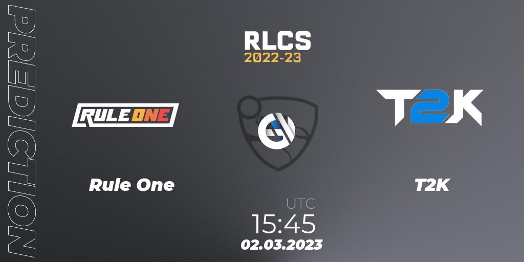 Prognose für das Spiel Rule One VS T2K. 02.03.2023 at 15:45. Rocket League - RLCS 2022-23 - Winter: Middle East and North Africa Regional 3 - Winter Invitational