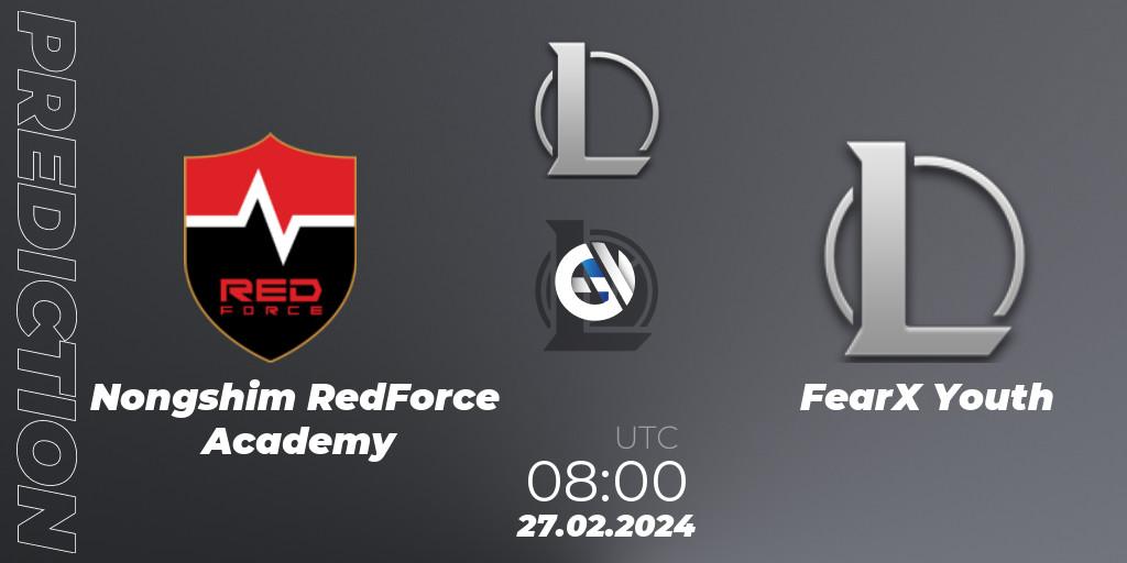 Prognose für das Spiel Nongshim RedForce Academy VS FearX Youth. 27.02.2024 at 08:00. LoL - LCK Challengers League 2024 Spring - Group Stage