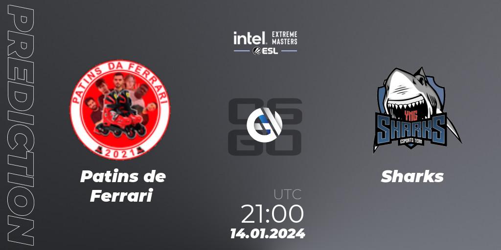 Prognose für das Spiel Patins de Ferrari VS Sharks. 14.01.2024 at 21:25. Counter-Strike (CS2) - Intel Extreme Masters China 2024: South American Open Qualifier #1