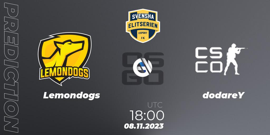 Prognose für das Spiel Lemondogs VS dodareY. 08.11.2023 at 18:00. Counter-Strike (CS2) - Svenska Elitserien Fall 2023: Online Stage