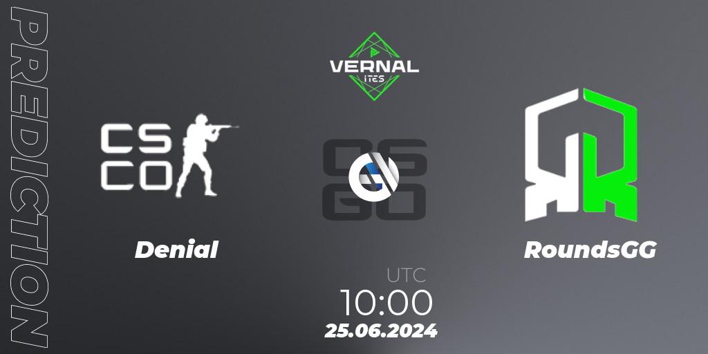 Prognose für das Spiel Denial VS RoundsGG. 25.06.2024 at 10:00. Counter-Strike (CS2) - ITES Vernal