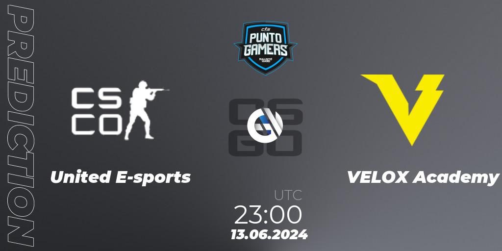 Prognose für das Spiel United E-sports VS VELOX Academy. 13.06.2024 at 23:00. Counter-Strike (CS2) - Punto Gamers Cup 2024