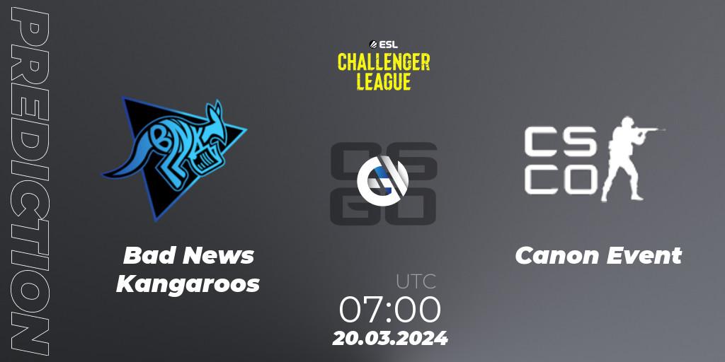 Prognose für das Spiel Bad News Kangaroos VS Canon Event. 20.03.2024 at 07:00. Counter-Strike (CS2) - ESL Challenger League Season 47: Oceania