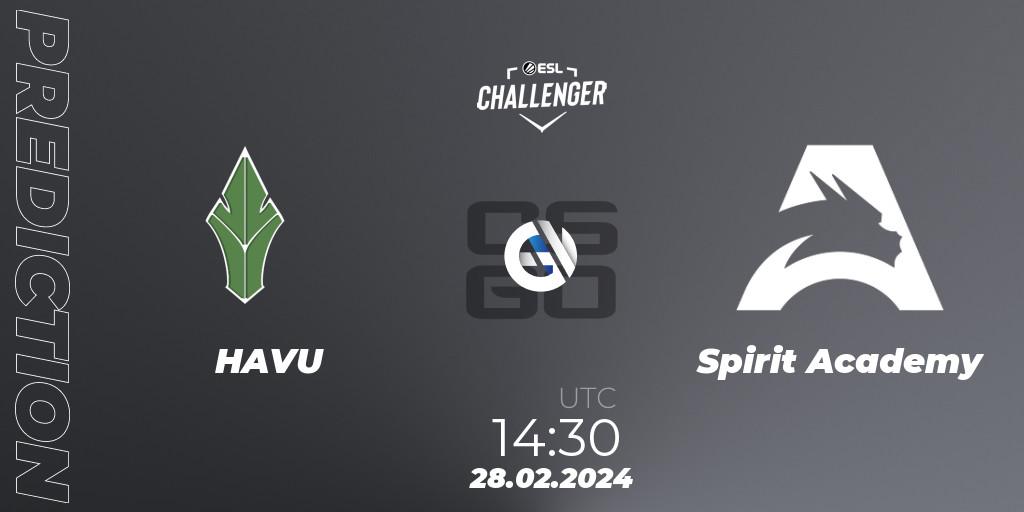 Prognose für das Spiel HAVU VS Spirit Academy. 28.02.24. CS2 (CS:GO) - ESL Challenger #56: European Closed Qualifier