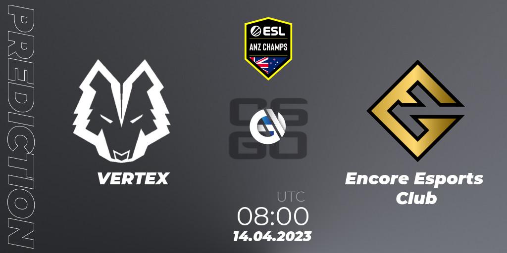 Prognose für das Spiel VERTEX VS Encore Esports Club. 14.04.23. CS2 (CS:GO) - ESL ANZ Champs Season 16