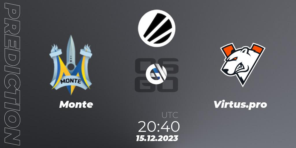 Prognose für das Spiel Monte VS Virtus.pro. 15.12.2023 at 21:40. Counter-Strike (CS2) - ESL Challenger Atlanta 2023