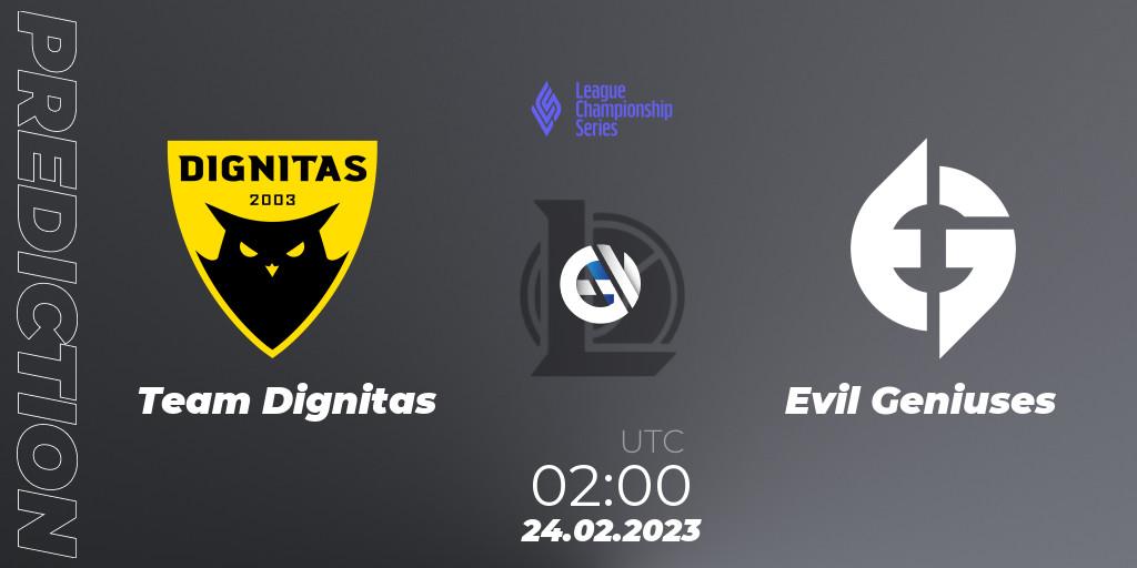 Prognose für das Spiel Team Dignitas VS Evil Geniuses. 24.02.2023 at 02:00. LoL - LCS Spring 2023 - Group Stage