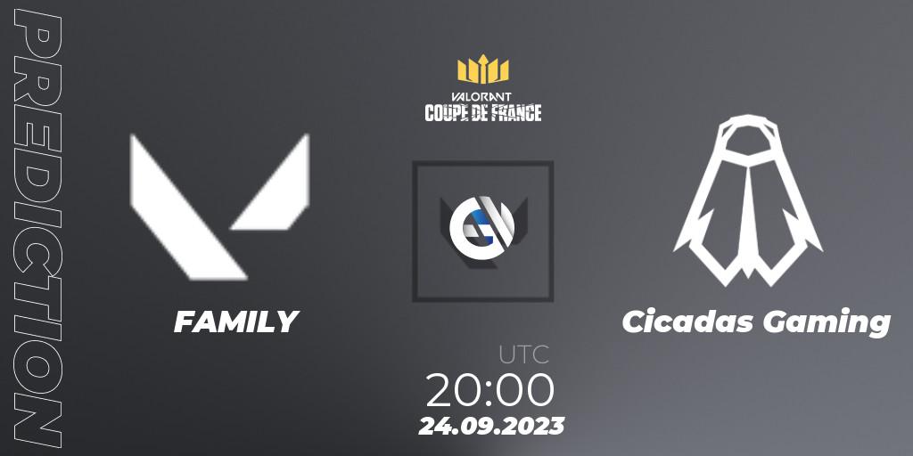 Prognose für das Spiel FAMILY VS Cicadas Gaming. 24.09.2023 at 20:15. VALORANT - VCL France: Revolution - Coupe De France 2023