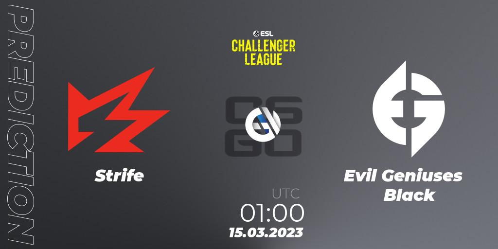 Prognose für das Spiel Strife VS Evil Geniuses Black. 15.03.2023 at 00:00. Counter-Strike (CS2) - ESL Challenger League Season 44: North America