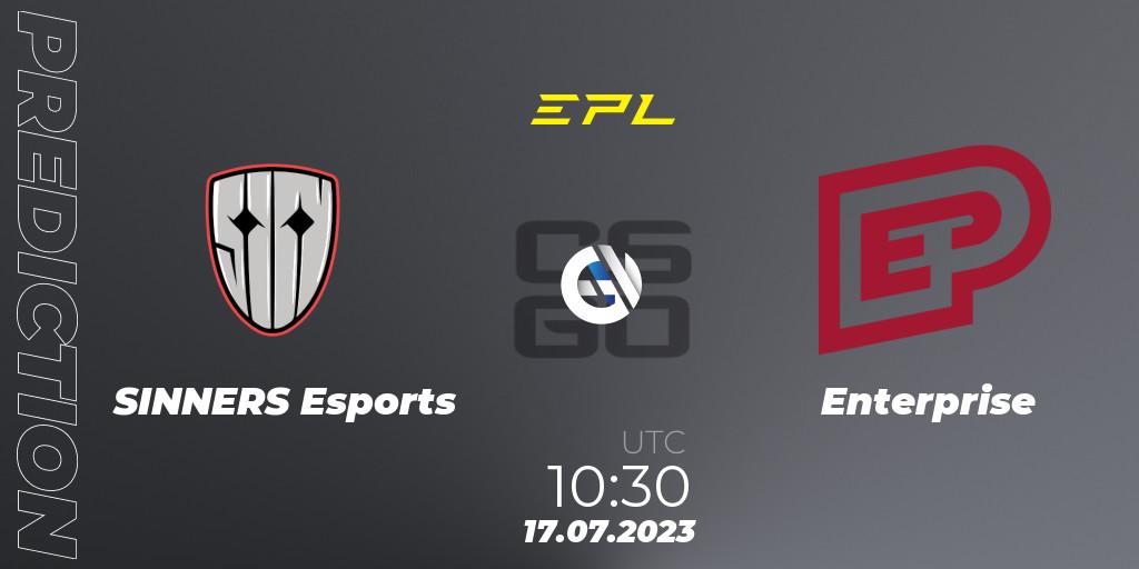 Prognose für das Spiel SINNERS Esports VS Enterprise. 17.07.2023 at 10:00. Counter-Strike (CS2) - European Pro League Season 9