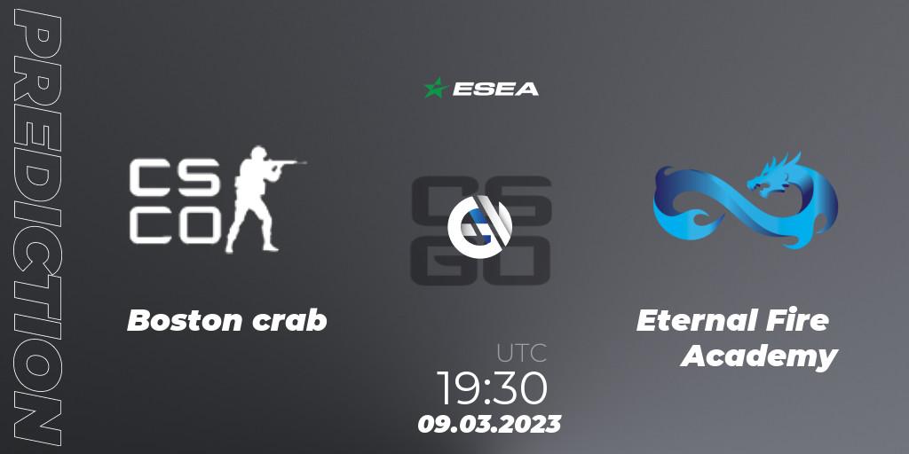 Prognose für das Spiel Boston crab VS Eternal Fire Academy. 10.03.2023 at 17:00. Counter-Strike (CS2) - ESEA Season 44: Advanced Division - Europe