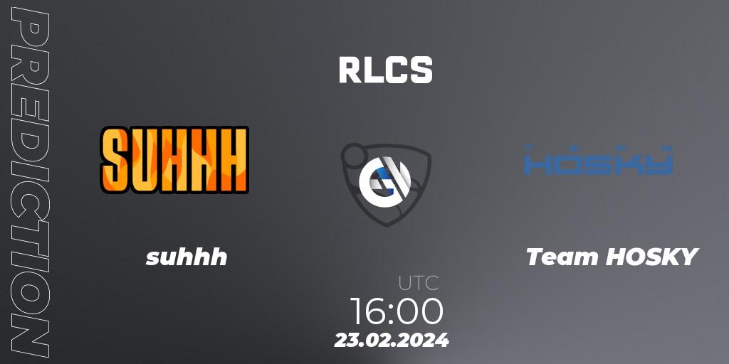 Prognose für das Spiel suhhh VS Team HOSKY. 23.02.2024 at 16:00. Rocket League - RLCS 2024 - Major 1: Europe Open Qualifier 2
