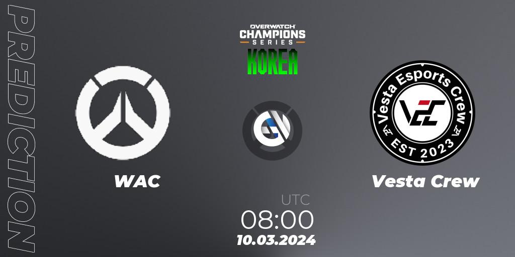 Prognose für das Spiel WAC VS Vesta Crew. 10.03.2024 at 08:00. Overwatch - Overwatch Champions Series 2024 - Stage 1 Korea
