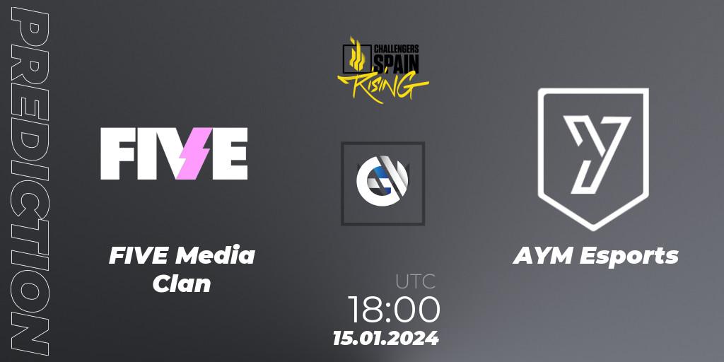 Prognose für das Spiel FIVE Media Clan VS AYM Esports. 15.01.2024 at 18:00. VALORANT - VALORANT Challengers 2024 Spain: Rising Split 1
