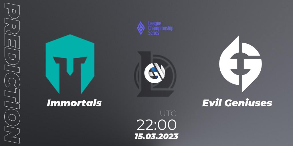 Prognose für das Spiel Immortals VS Evil Geniuses. 17.02.2023 at 23:00. LoL - LCS Spring 2023 - Group Stage