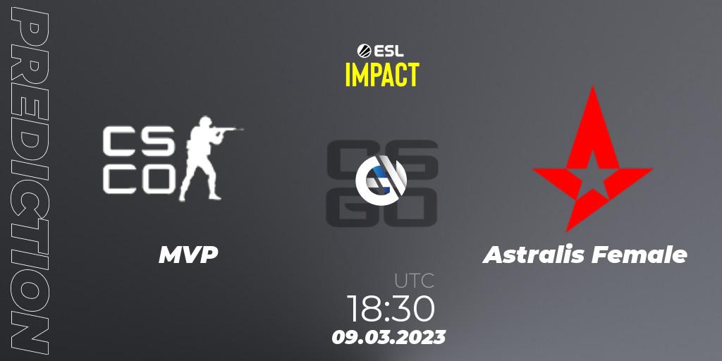 Prognose für das Spiel MVP VS Astralis Female. 09.03.2023 at 18:30. Counter-Strike (CS2) - ESL Impact League Season 3: European Division