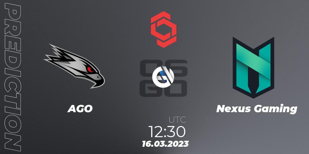Prognose für das Spiel AGO VS Nexus Gaming. 16.03.23. CS2 (CS:GO) - CCT Central Europe Series 5 Closed Qualifier