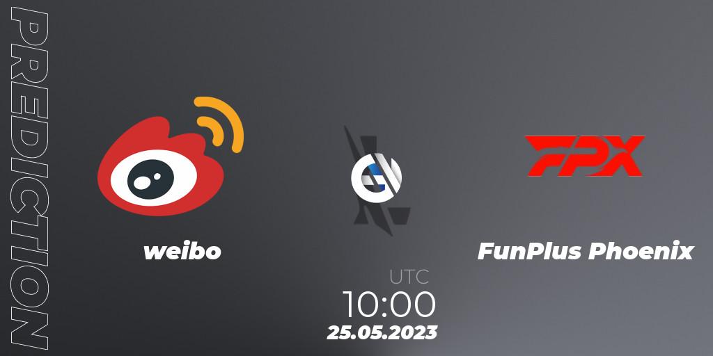 Prognose für das Spiel weibo VS FunPlus Phoenix. 25.05.2023 at 10:00. Wild Rift - WRL Asia 2023 - Season 1 - Regular Season