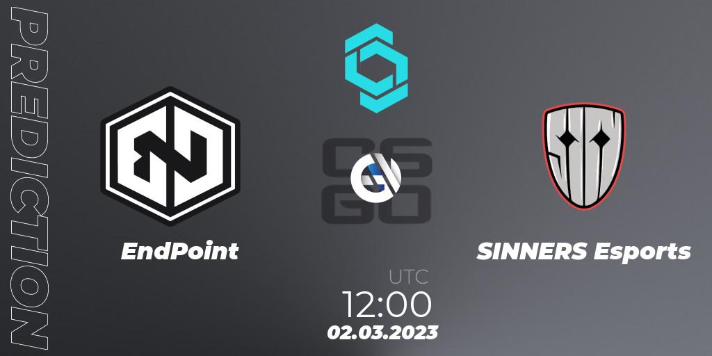 Prognose für das Spiel EndPoint VS SINNERS Esports. 02.03.2023 at 12:25. Counter-Strike (CS2) - CCT North Europe Series #4
