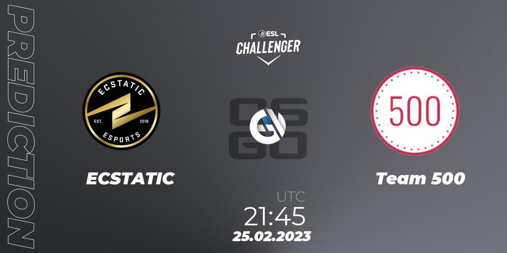 Prognose für das Spiel ECSTATIC VS Team 500. 25.02.2023 at 21:45. Counter-Strike (CS2) - ESL Challenger Melbourne 2023 Europe Open Qualifier
