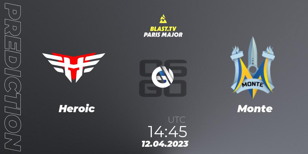 Prognose für das Spiel Heroic VS Monte. 12.04.2023 at 13:00. Counter-Strike (CS2) - BLAST.tv Paris Major 2023 Europe RMR B