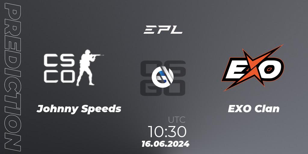 Prognose für das Spiel Johnny Speeds VS EXO Clan. 17.06.2024 at 11:30. Counter-Strike (CS2) - European Pro League Season 18: Division 2