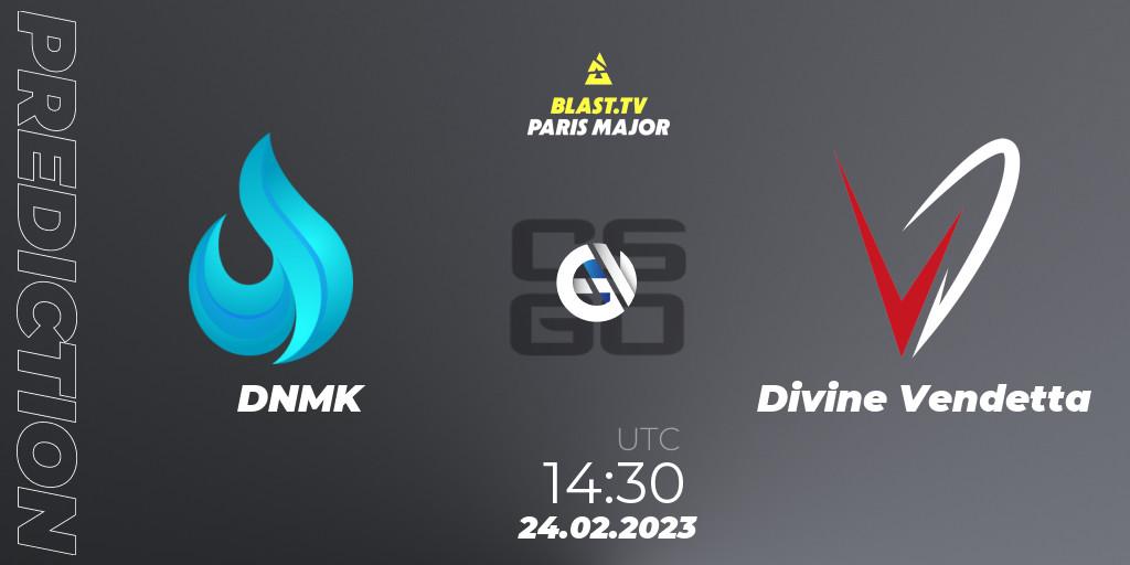Prognose für das Spiel DNMK VS Divine Vendetta. 24.02.23. CS2 (CS:GO) - BLAST.tv Paris Major 2023 Middle East RMR Closed Qualifier
