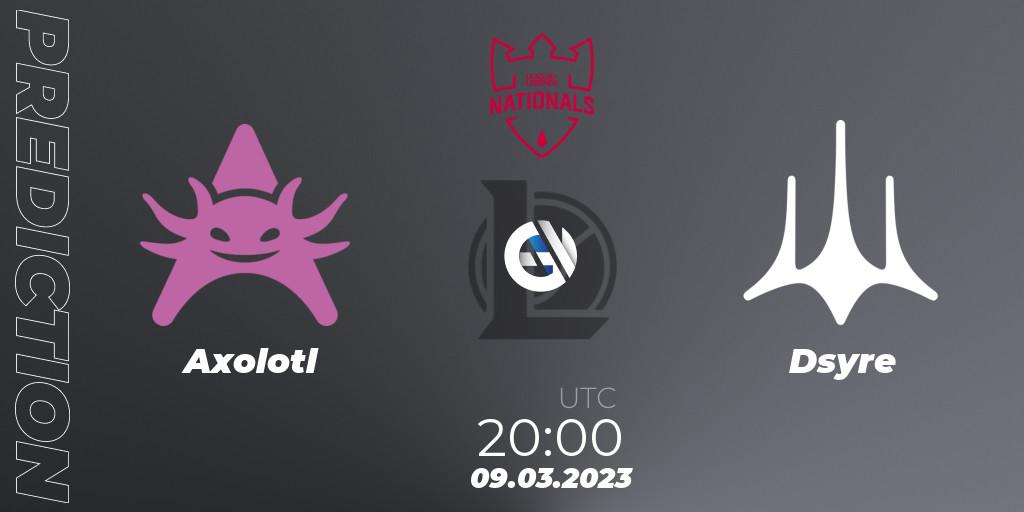 Prognose für das Spiel Axolotl VS Dsyre. 09.03.2023 at 20:00. LoL - PG Nationals Spring 2023 - Group Stage