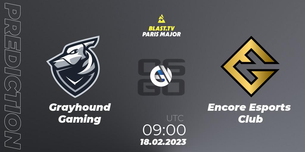 Prognose für das Spiel Grayhound Gaming VS Encore Esports Club. 18.02.2023 at 09:00. Counter-Strike (CS2) - BLAST.tv Paris Major 2023 Oceania RMR Closed Qualifier