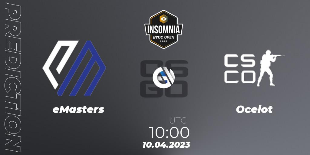 Prognose für das Spiel eMasters VS Ocelot Sports. 10.04.2023 at 10:00. Counter-Strike (CS2) - Insomnia 70