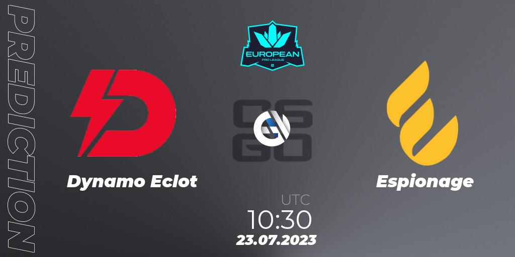 Prognose für das Spiel Dynamo Eclot VS Espionage. 23.07.2023 at 10:55. Counter-Strike (CS2) - European Pro League Season 9