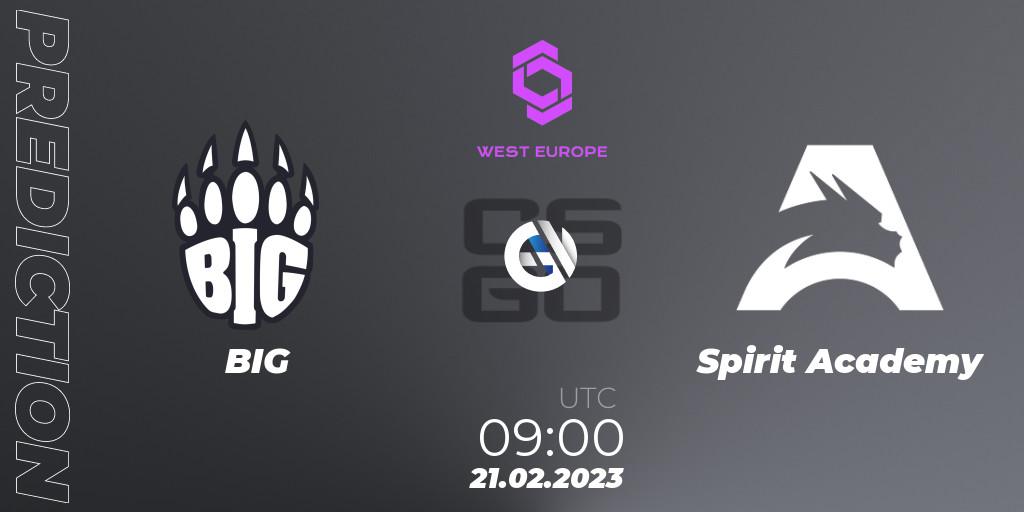 Prognose für das Spiel BIG VS Spirit Academy. 21.02.2023 at 09:00. Counter-Strike (CS2) - CCT West Europe Series #1