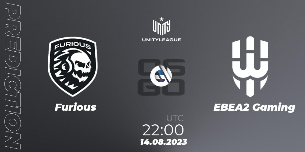 Prognose für das Spiel Furious VS EBEA2 Gaming. 14.08.2023 at 22:00. Counter-Strike (CS2) - LVP Unity League Argentina 2023