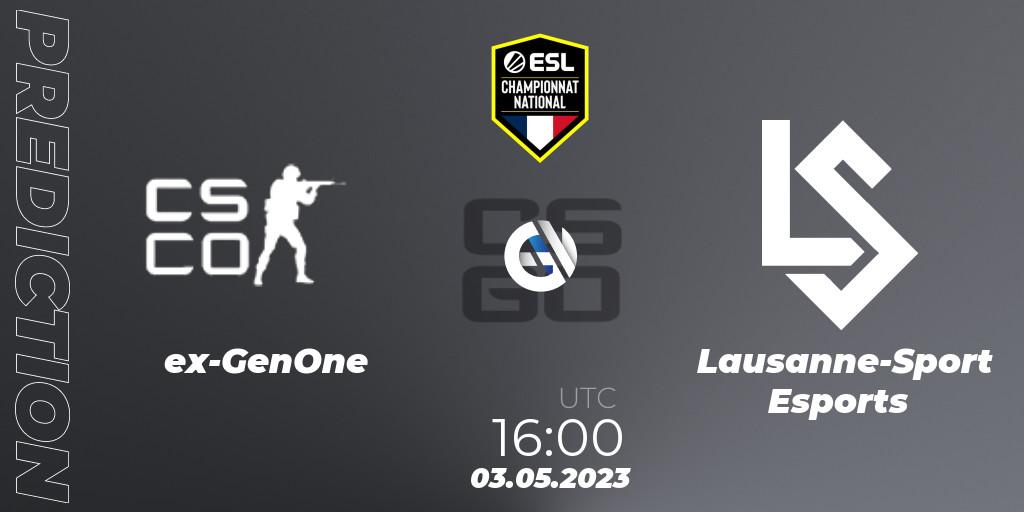 Prognose für das Spiel ex-GenOne VS Lausanne-Sport Esports. 04.05.2023 at 16:00. Counter-Strike (CS2) - ESL Championnat National Spring 2023