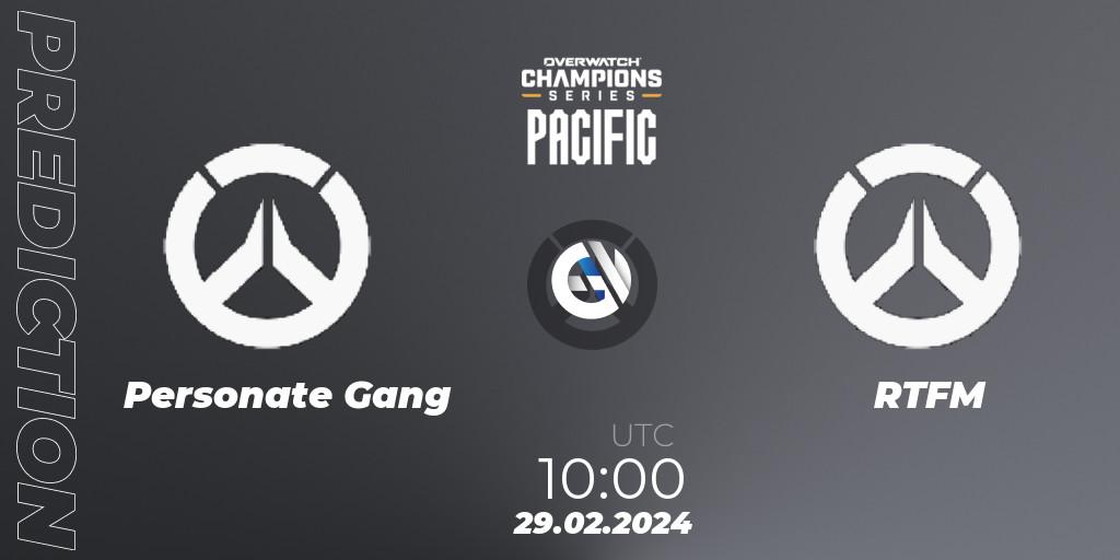 Prognose für das Spiel Personate Gang VS RTFM. 29.02.2024 at 10:00. Overwatch - Overwatch Champions Series 2024 - Stage 1 Pacific
