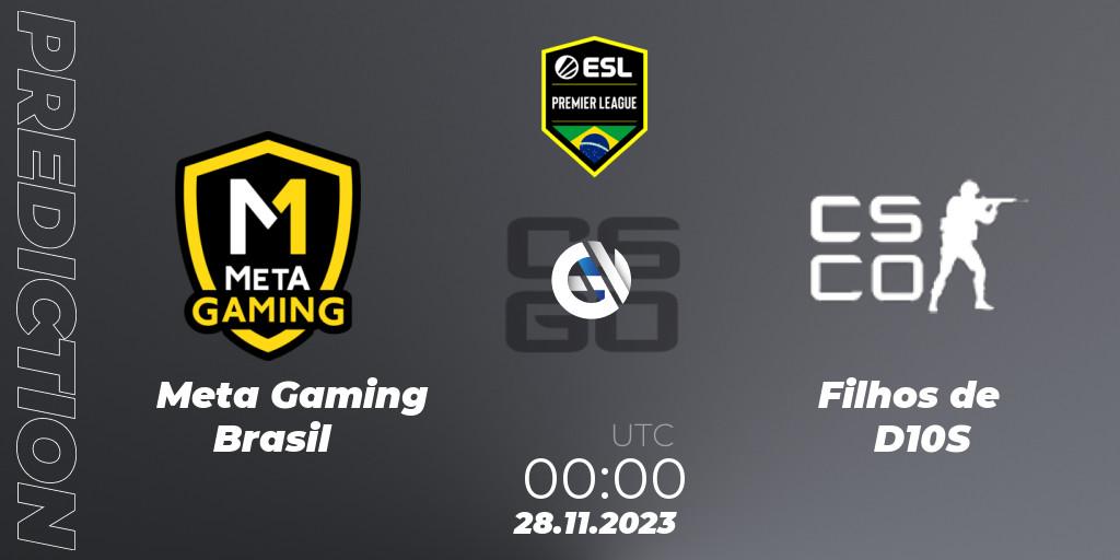 Prognose für das Spiel Meta Gaming Brasil VS Filhos de D10S. 28.11.2023 at 00:00. Counter-Strike (CS2) - ESL Brasil Premier League Season 15