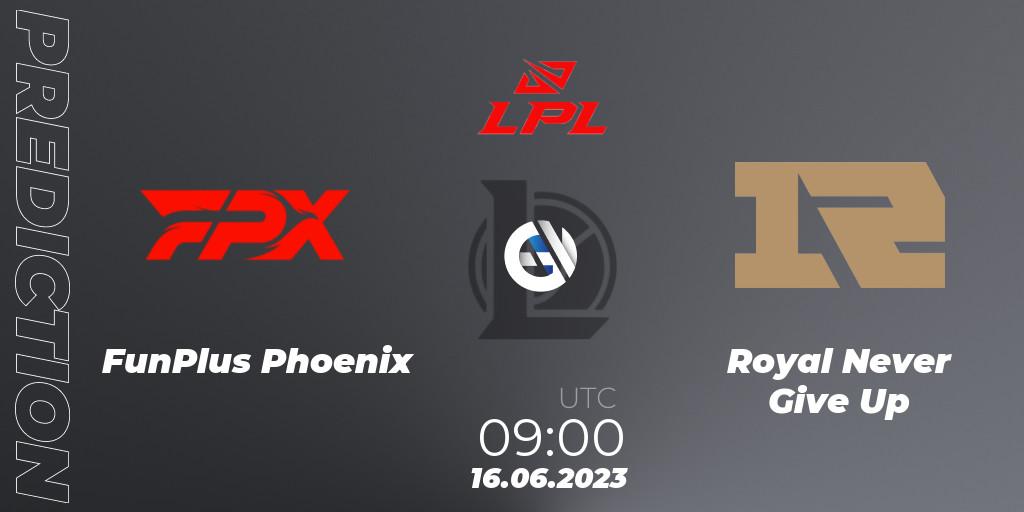 Prognose für das Spiel FunPlus Phoenix VS Royal Never Give Up. 16.06.23. LoL - LPL Summer 2023 Regular Season