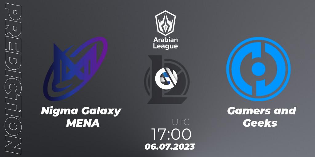 Prognose für das Spiel Nigma Galaxy MENA VS Gamers and Geeks. 06.07.2023 at 17:00. LoL - Arabian League Summer 2023 - Group Stage