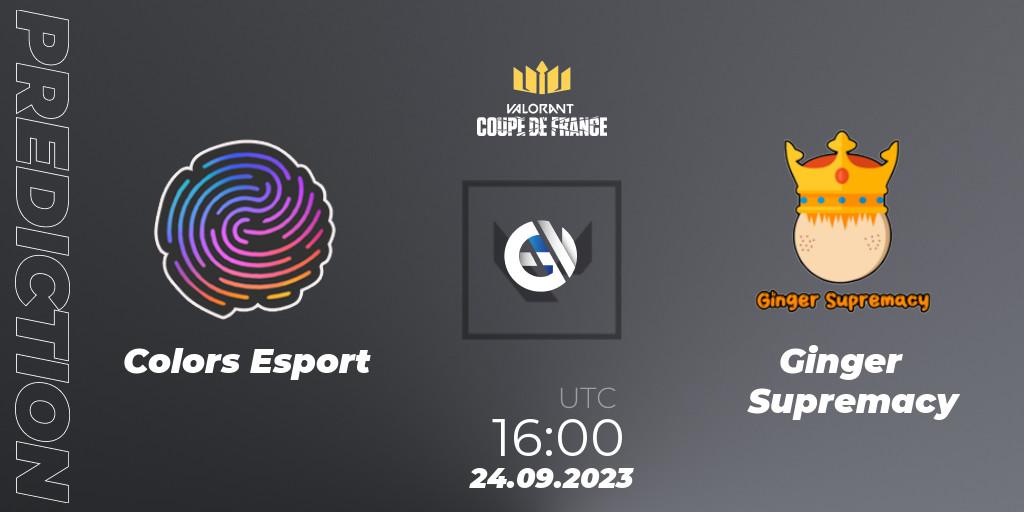 Prognose für das Spiel Colors Esport VS Ginger Supremacy. 24.09.2023 at 16:00. VALORANT - VCL France: Revolution - Coupe De France 2023