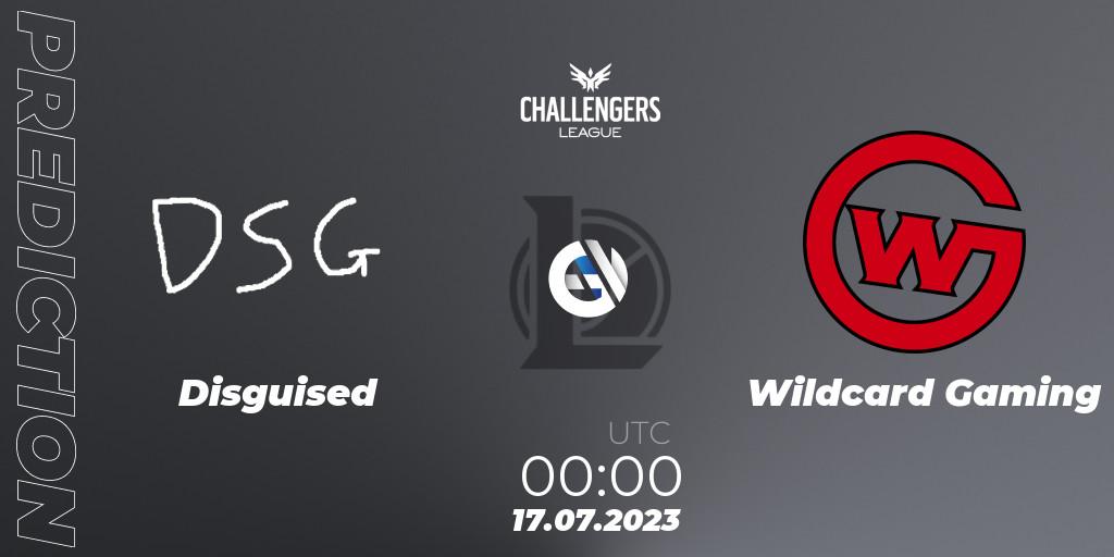 Prognose für das Spiel Disguised VS Wildcard Gaming. 20.06.2023 at 00:00. LoL - North American Challengers League 2023 Summer - Group Stage