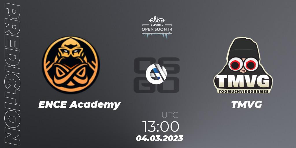 Prognose für das Spiel ENCE Academy VS TMVG. 04.03.2023 at 13:45. Counter-Strike (CS2) - Elisa Open Suomi Season 4