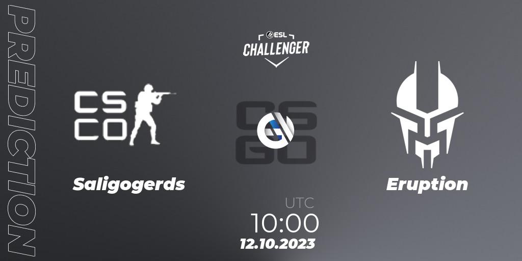 Prognose für das Spiel Saligogerds VS Eruption. 12.10.2023 at 10:10. Counter-Strike (CS2) - ESL Challenger at DreamHack Winter 2023: Asian Open Qualifier