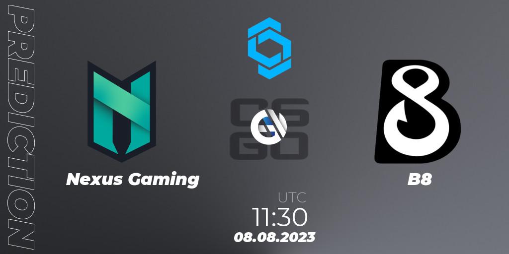 Prognose für das Spiel Nexus Gaming VS B8. 08.08.2023 at 11:30. Counter-Strike (CS2) - CCT East Europe Series #1