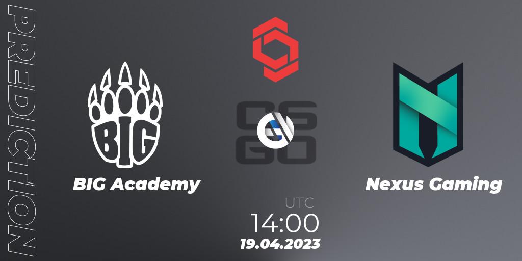 Prognose für das Spiel BIG Academy VS Nexus Gaming. 19.04.2023 at 15:20. Counter-Strike (CS2) - CCT Central Europe Series #6