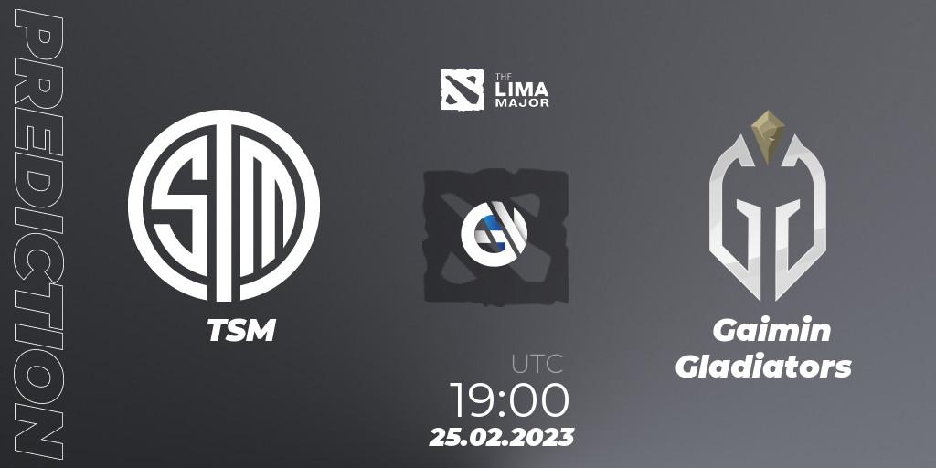 Prognose für das Spiel TSM VS Gaimin Gladiators. 25.02.2023 at 19:33. Dota 2 - The Lima Major 2023