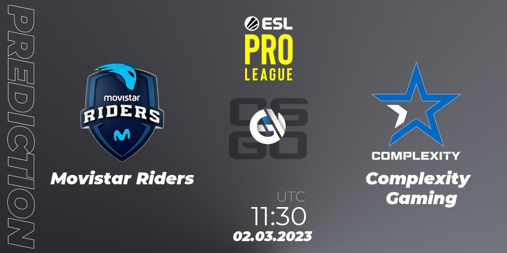 Prognose für das Spiel Movistar Riders VS Complexity Gaming. 02.03.2023 at 11:30. Counter-Strike (CS2) - ESL Pro League Season 17