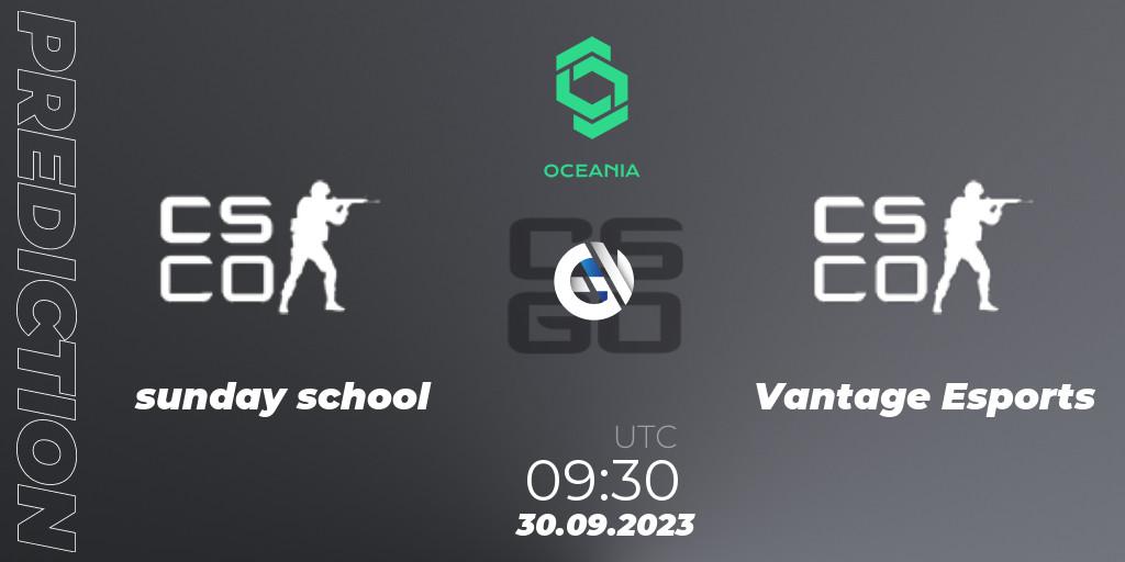 Prognose für das Spiel sunday school VS Vantage Esports. 30.09.2023 at 09:45. Counter-Strike (CS2) - CCT Oceania Series #2