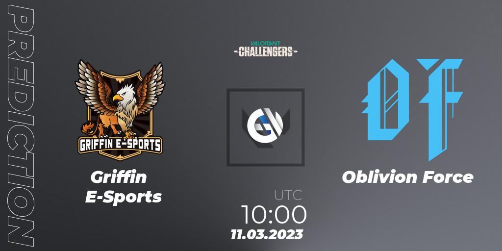 Prognose für das Spiel Griffin E-Sports VS Oblivion Force. 11.03.2023 at 10:00. VALORANT - VALORANT Challengers 2023: Hong Kong and Taiwan Split 1